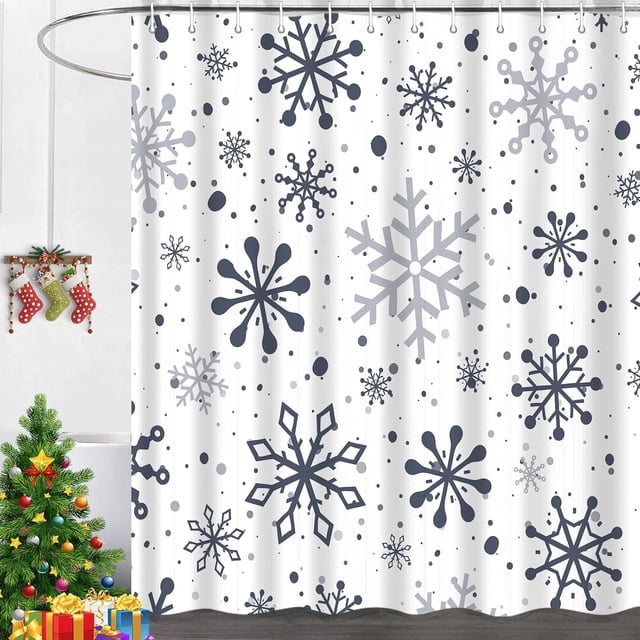 Winter Christmas Snowflake Shower Curtain, Xmas New Year Flakes Frost Holiday Cloth Fabric Shower Curtains for Bathroom Decor Durable Polyester Waterproof Set with 12 Hooks, 72x72 inches
