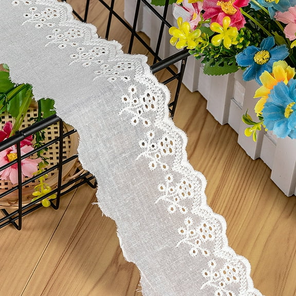 NAMZI 16 Yards 2 Inch White Cotton Eyelet Lace Trim, Floral Embroidery Wavy Ruffle Lace Ribbon for Sewing Dresses, Bags & Pet Clothes, Beige