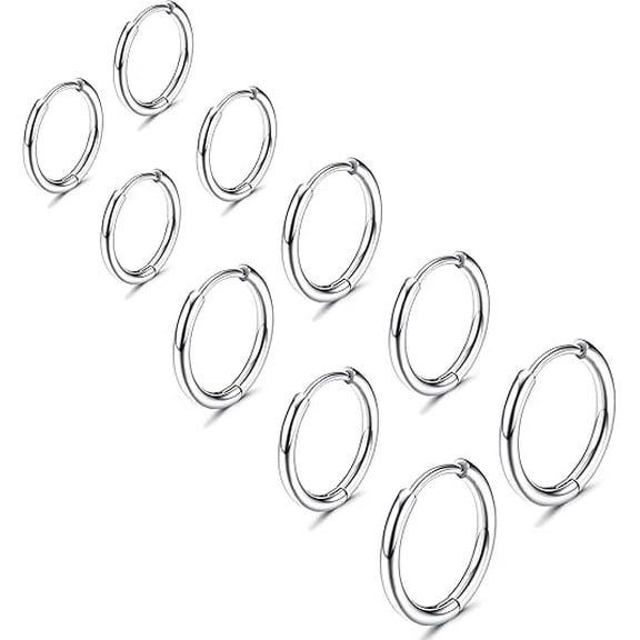 Xukmct 5 Pair 316L Stainless Steel Earrings Lightweight Small Hoop Earrings Set for Women Men, Silver