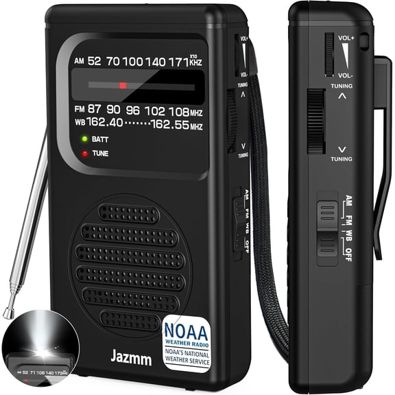 Pocket NOAA Weather Radio,Portable AM FM Battery Operated Radio with 3W Speaker,Transistor Best Reception,Back Clip,Flashlight,Earphone Jack,Powered by 2 AA for Emergency