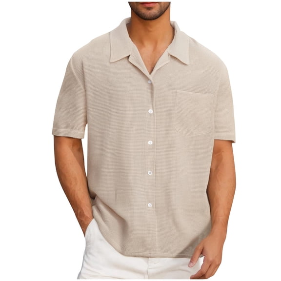 USNSM Mens Waffle Lapel Button Down Shirt Short Sleeve Loose Fit Soft Comfortable Breathable Casual Fashion Summer Beach Plain Tops Khaki L
