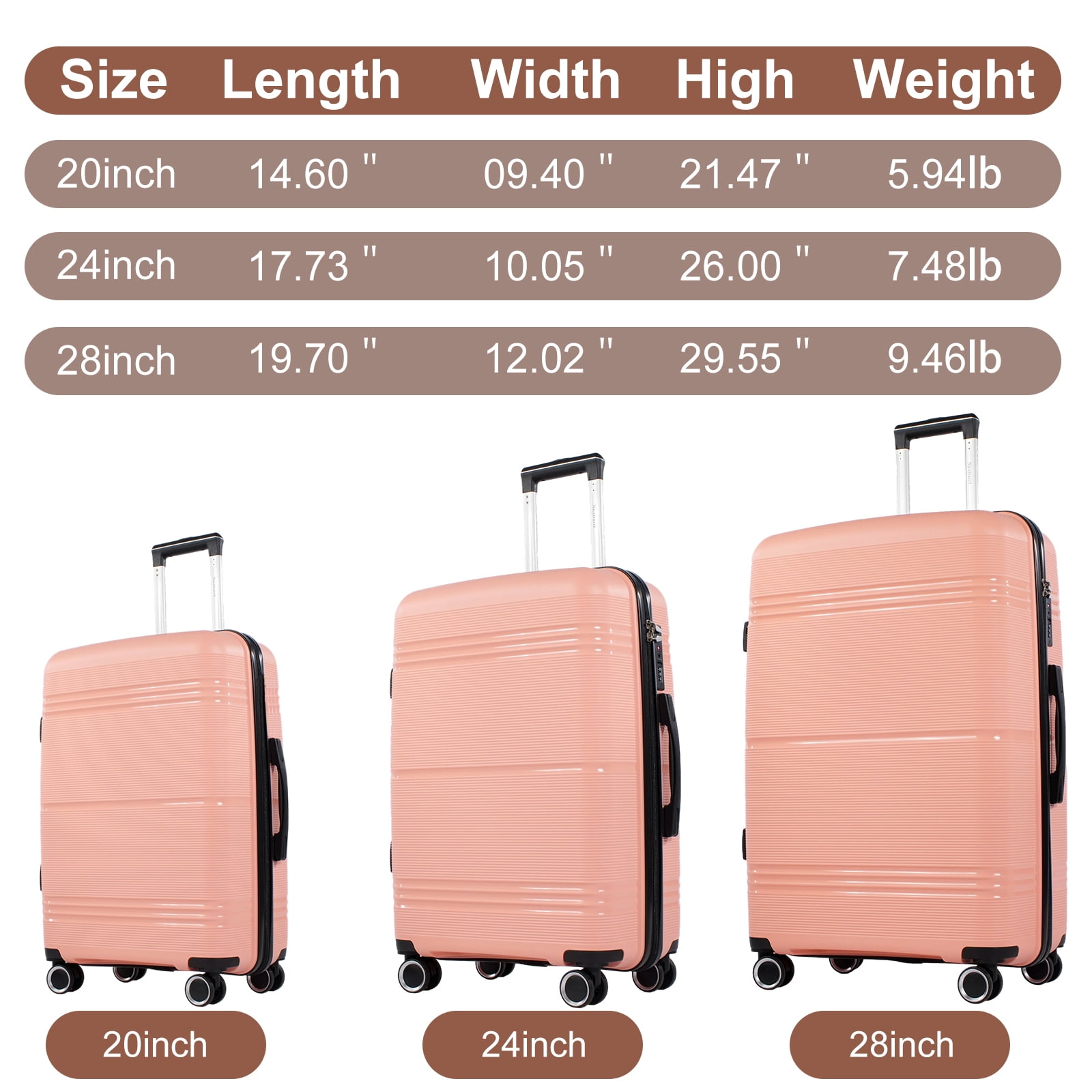 NiceTravel 3 Piece Hardside Luggage Set with Spinner Wheel & TSA Lock,Lightweight Suitcase for Travel, Pink