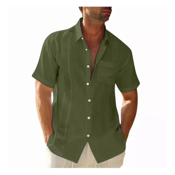 Camisa Strech Cuello Mao Lino Hombre Casual Manga Corto Slim