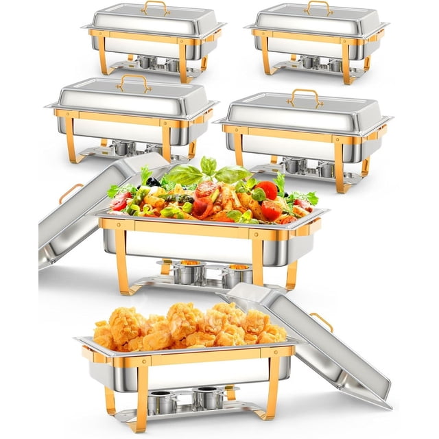 Ensemble de 6 Buffets à Réchaud, Réchauds en Acier Inoxydable de 9,5 Qt avec Couvercles, Porte-Couvercles, Ustensiles de Service, Réchauds de Buffet Dorés pour Traiteur, Fêtes, Mariages, Restaurants