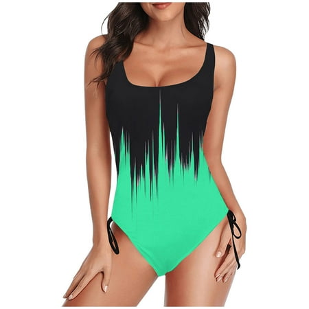TrendVibe365 Ladies Swimsuits One Piece Green Bathing Suits Thong Adjustable Shoulder Strap Gradient Swimwear Beachwear L