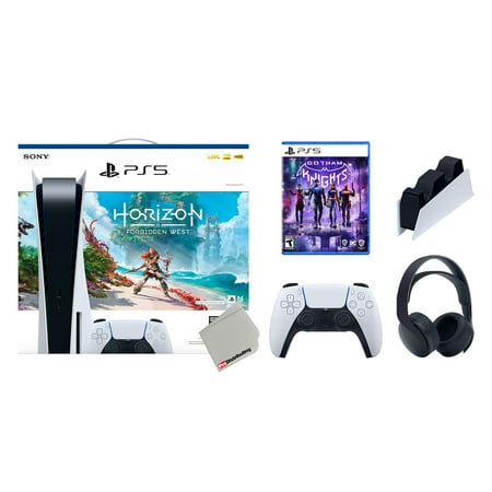 Sony Playstation 5 Disc Horizon Forbidden West Bundle with Extra Glacier White Controller, Black PULSE 3D Headset, Gotham Knights and Charging Station