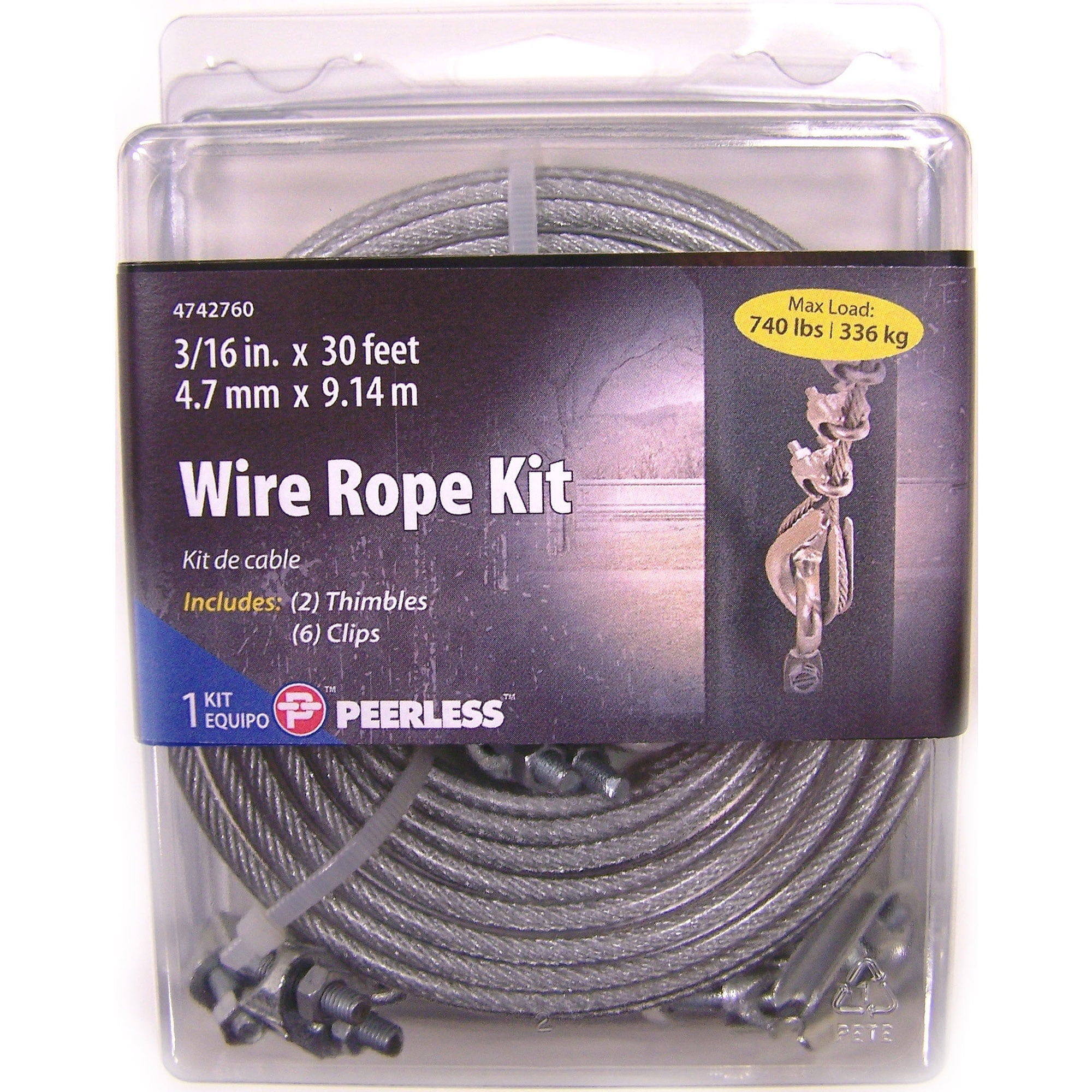 PEERLESS 3/16" x 30' VINYL COATED WIRE ROPE KIT W/ CABLE CLAMPS 