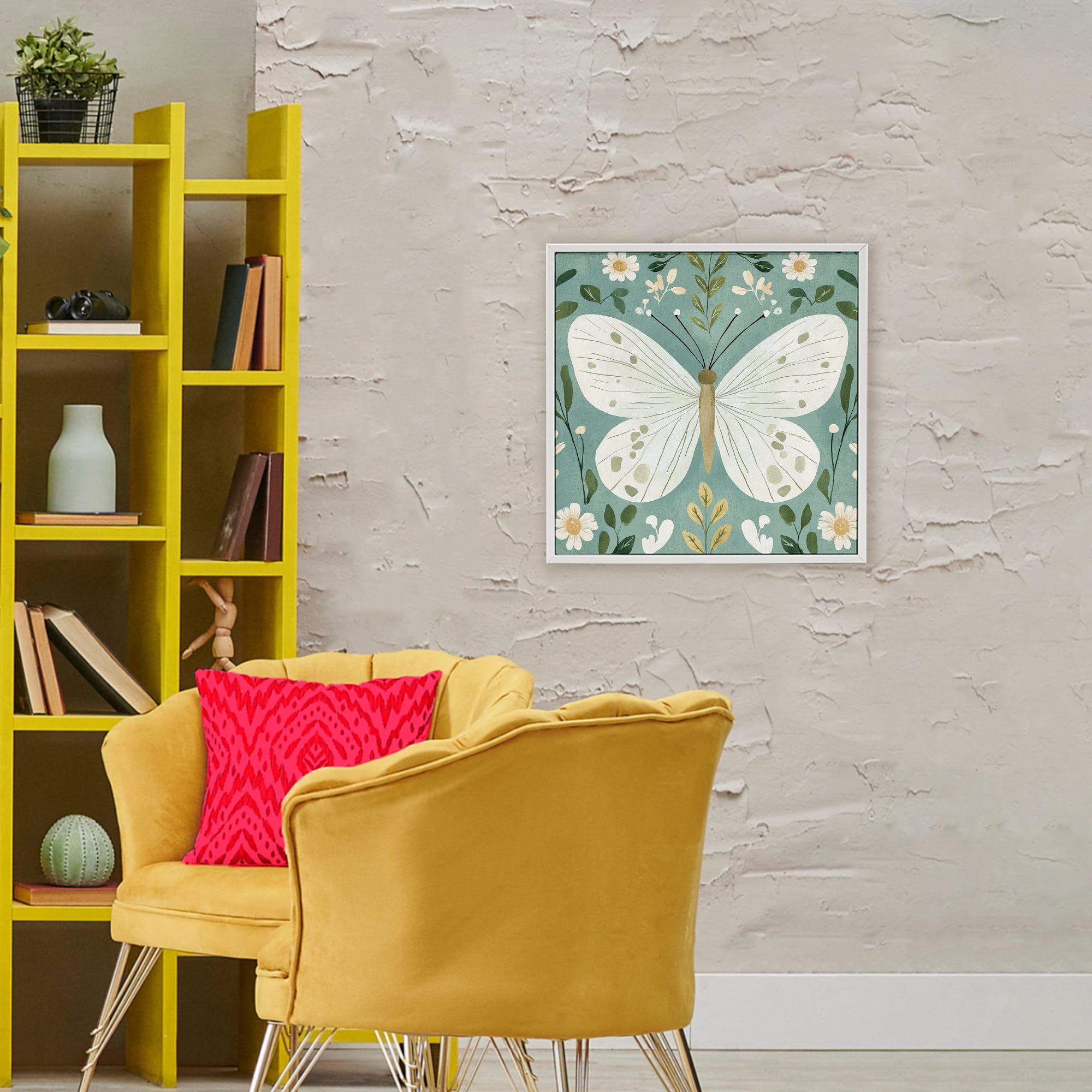 Stupell Industries Teal Butterfly Garden with Daisies White Framed Giclee Art, design by Petal Prints Design