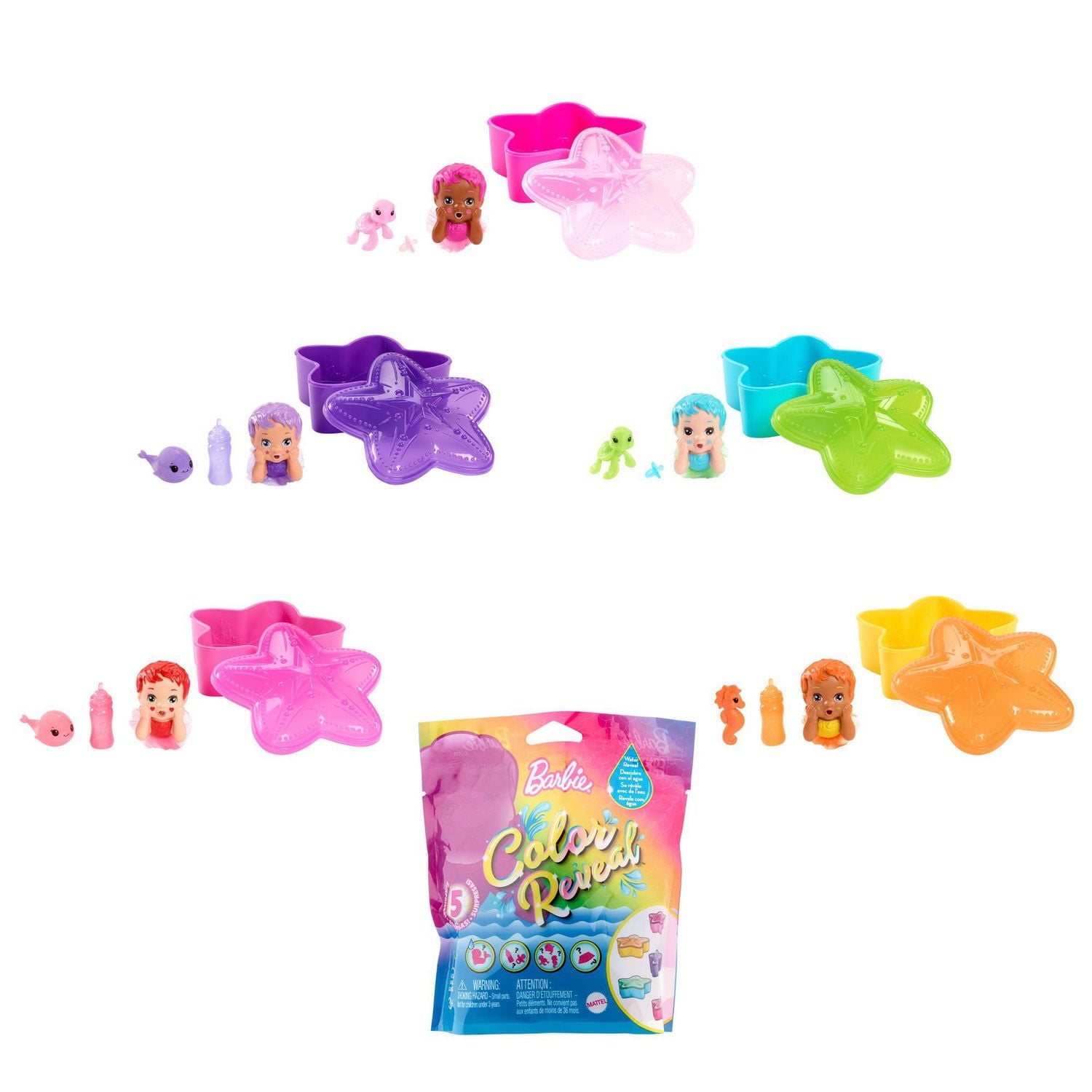 ​Barbie Color Reveal Mermaid Baby Doll with 5 Unboxing Surprises: Metallic Blue Doll; Starfish Case; Water Reveal; 3 Mystery Bags Contain Pet & 2 Accessories; Rainbow Mermaid Series; Gift for Kids 3 Y