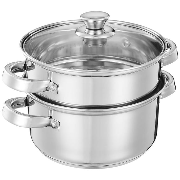 Stainless Steel 2 Tier Momos Steamer Set With Glass Lid & Handles - Silver, 20cm, 2 Liters | Gas & Induction Bottom - Multi Purpose Pasta Steamer, Idli Maker & Steamer - Durable Steamer