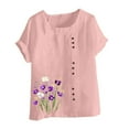 thumbnail image 4 of Womens Linen Shirts Cute Summer Tops Casual Linen Round-Neck Top Printed Short Sleeve Button T-shirt Blouse S, 4 of 4
