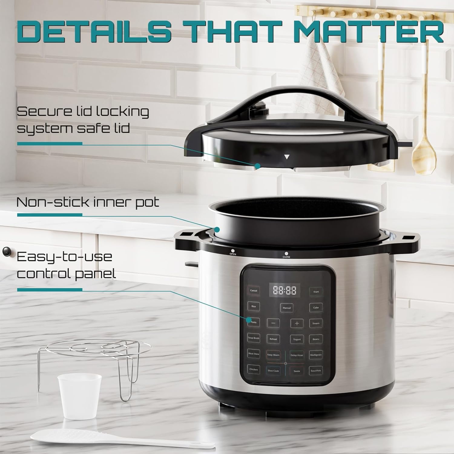 Electric Pressure Cooker 8QT Multi-Cooker with 16-in-1 Functions for Rice, Steaming, Yogurt, Slow Cooking