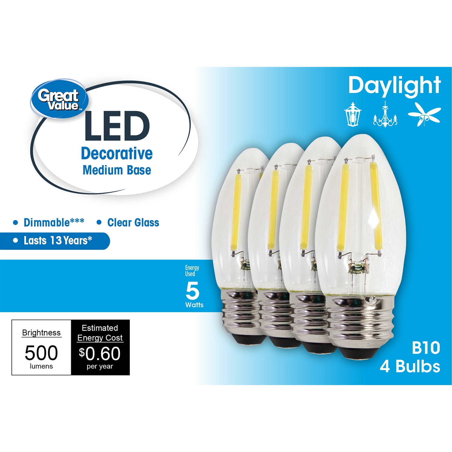Great Value LED Light Bulb, 4W (60W Equivalent) B10 Deco Lamp, E26 Medium Base, Dimmable, Daylight, 4-Pack