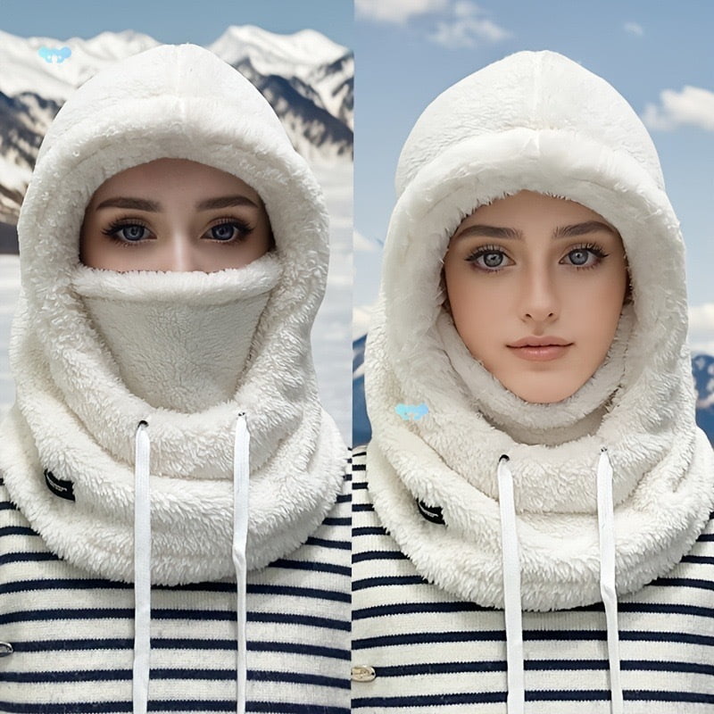 Long hat with plush insulation, ear protection and neck protection integrated hat, women's winter thick skiing and cycling face mask windproof hood cap