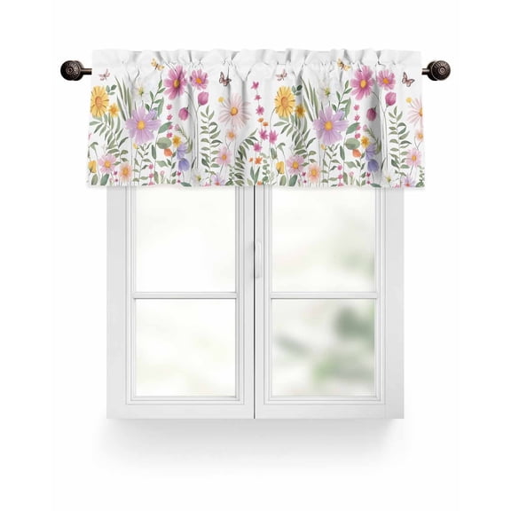 Rustic Watercolor Floral Kitchen Valances for Windows Wild Flowers Pink Yellow Green Valance Curtains for Kitchen /Living Room/Bedroom/ Bathroom Decor, 54"x18 " ,Rod Pocket 1 Panel,