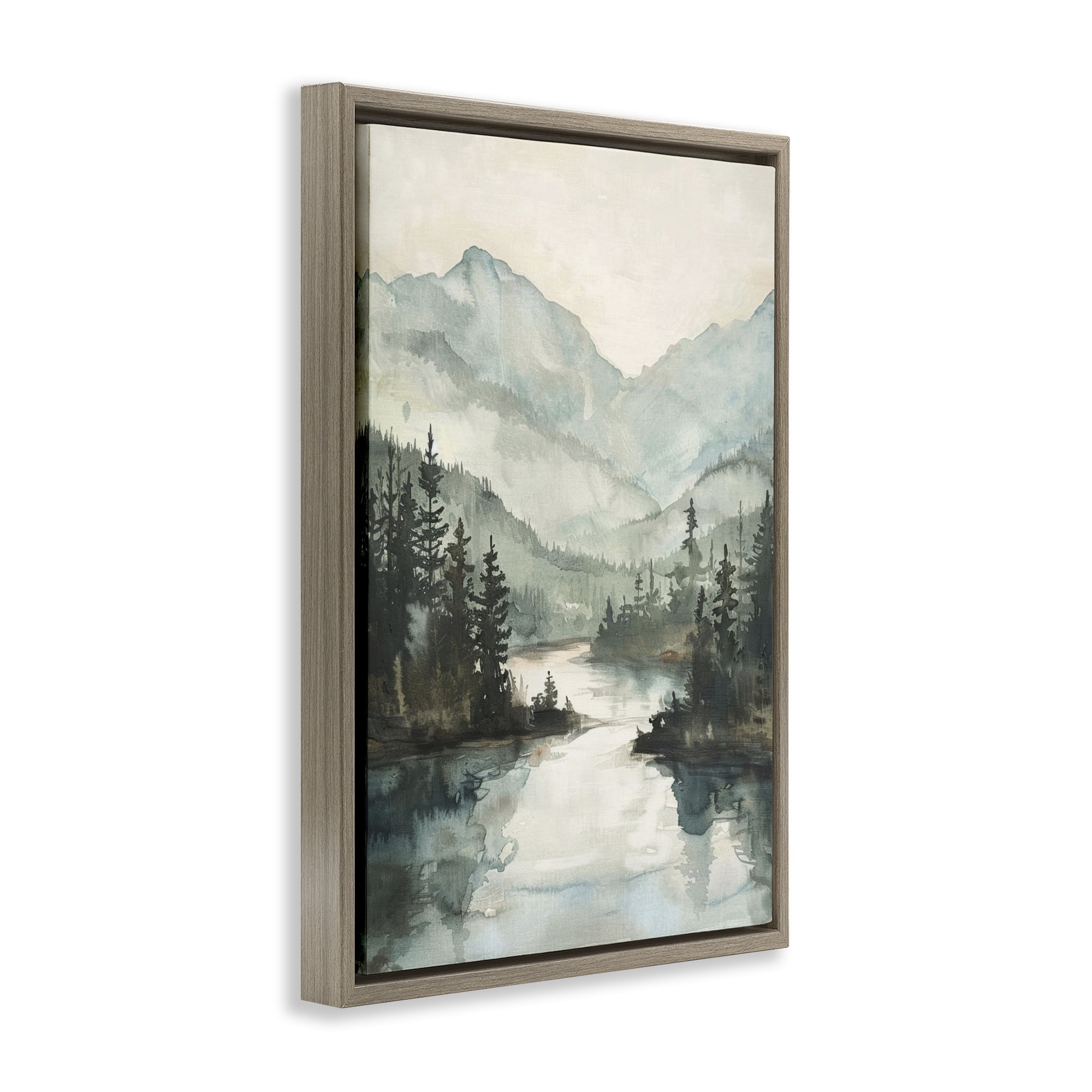 Stupell Industries Mountain River View Landscape & Nature Painting Brown Floater Framed Canvas Art Print Wall Art, 17 x 25