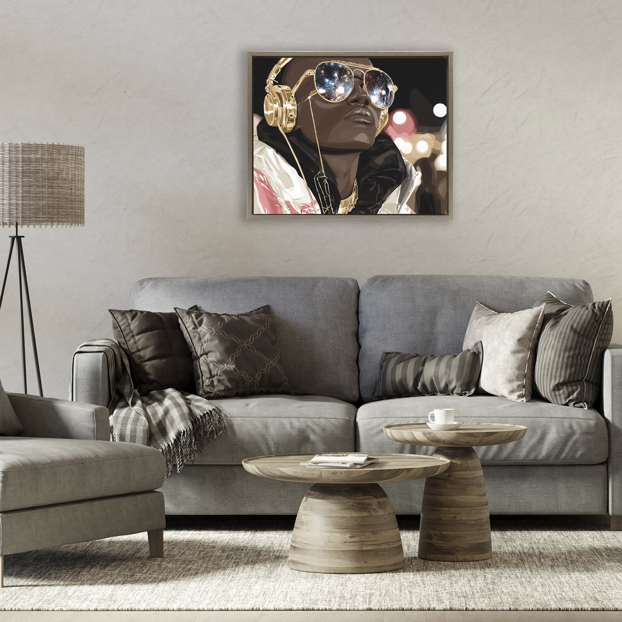 Stupell Industries Starry Eyed Shades with Headphones Brown Framed Floater Canvas Wall Art, design by Franklyn Gregory