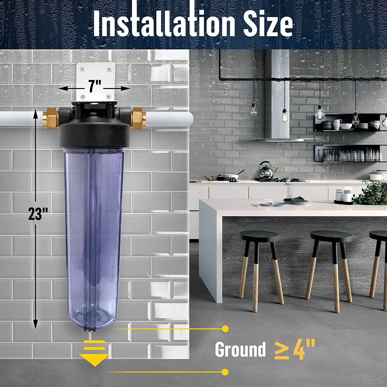 High Capacity 20 x 4.5” Whole House Filter Purifier System for Well or City Water, Presser Relief Button, 1” NPT Brass Port, Double O-ring, Meets NSF Standards & Regulations (Transparent, 3 Sets)