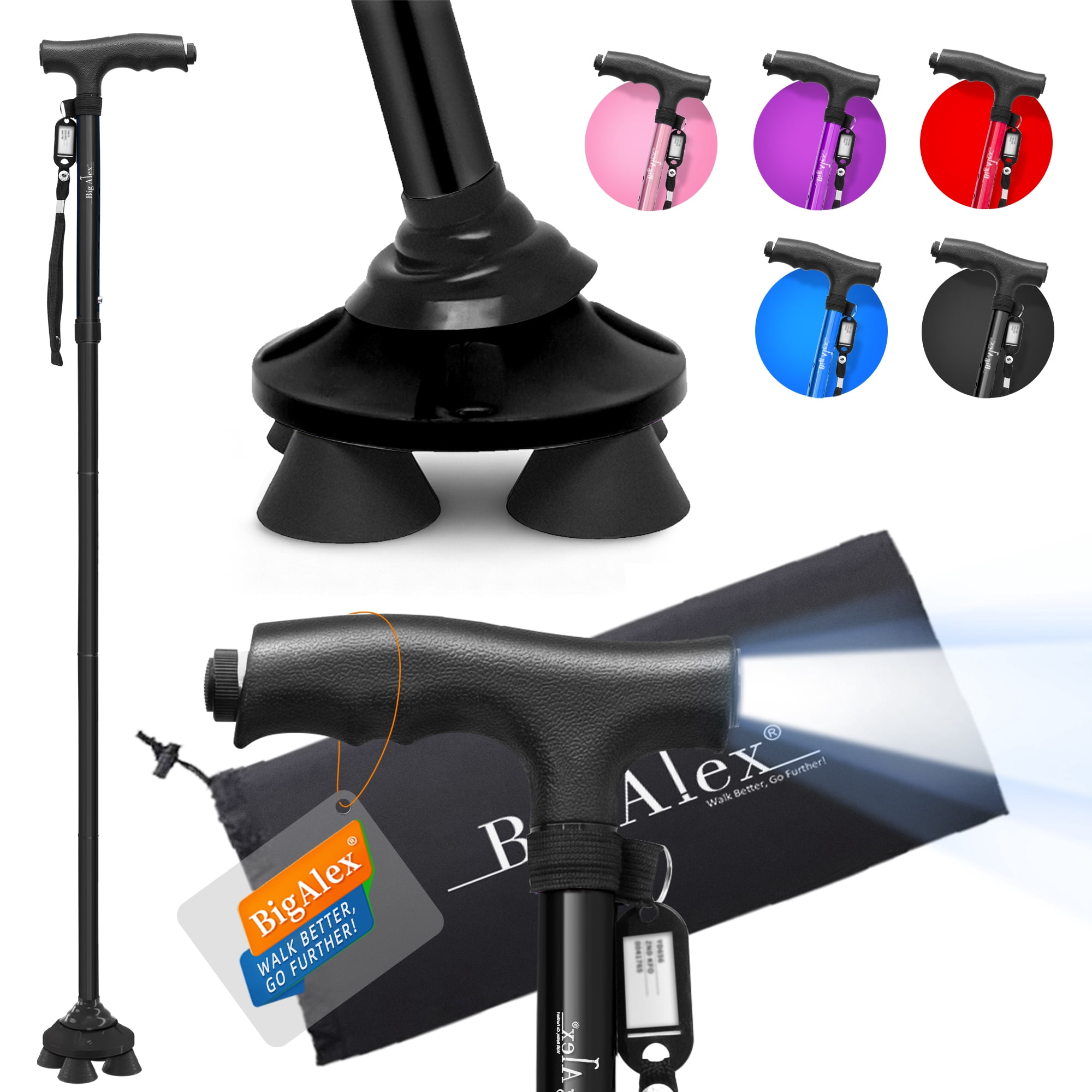 BigAlex Folding Cane with LED Light, Pivoting Quad Base, Adjustable Lightweight Walking Cane with Carrying Bag for Seniors, Men and Women