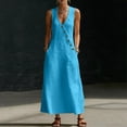 thumbnail image 3 of Summer Maxi Dresses for Womens Linen V Neck Sleeveless Beach Sundress Button Casual Loose Long Tank Dress with Pockets, 3 of 7