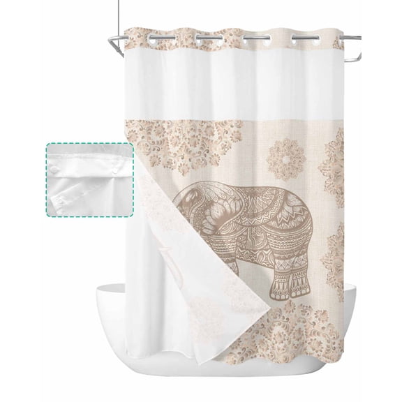 No Hook Shower Curtain with Snap in Liner, Boho Elephant and Flowers Retro Linen Hotel Shower Curtains for Bathroom, Washable Shower Curtain Liner Set with Mesh Top Window, 60"x72"