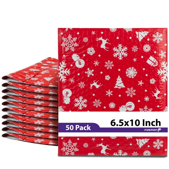 Fosmon #0 [50 PACK] Christmas Poly Bubble Mailer 6.5 x 10 inches, Lightweight Water/Dust/Shock/Tear Resistant Padded Shipping Envelopes - Xmas Red White Snow