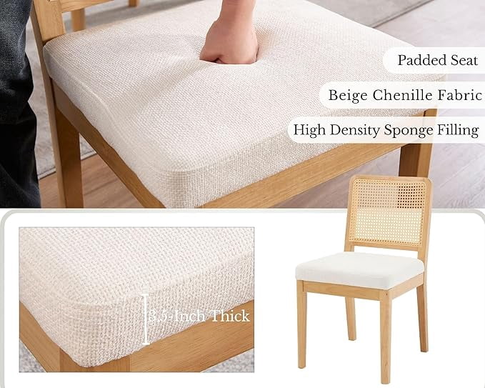 Guyou Farmhouse Rattan Dining Chairs Set of 6, Modern Wooden Kitchen Chairs with Cane Back, Chenille Upholstered Dining Room Chairs, Boho Wicker Woven Dining Side Chairs for Dining Room, White