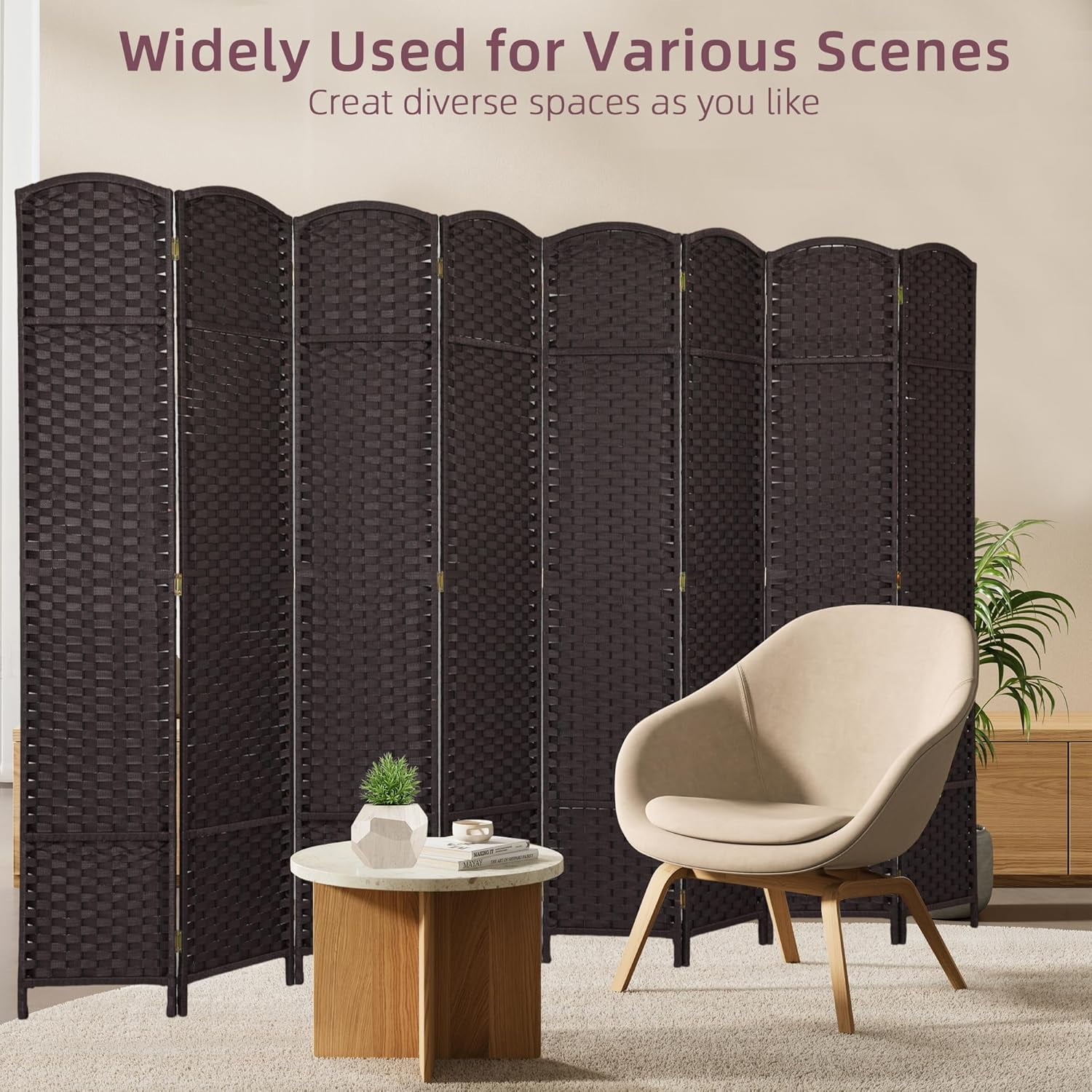 CL.HPAHKL 8 Panel Room Divider, Folding Privacy Screen 5.57 FT Tall Portable Wooden Wall Divider, Brown