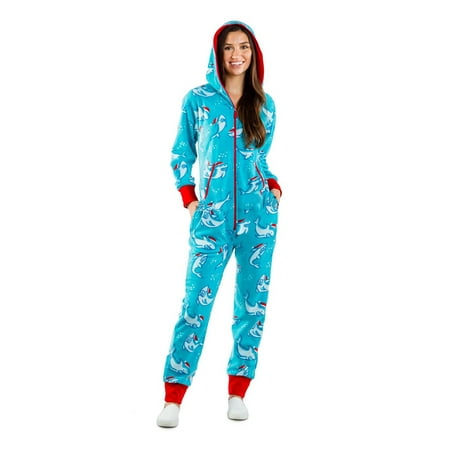 

Womens Warm Fleece Pajamas One Piece Jumpsuit Zip Front Sleepsuit with Hooded