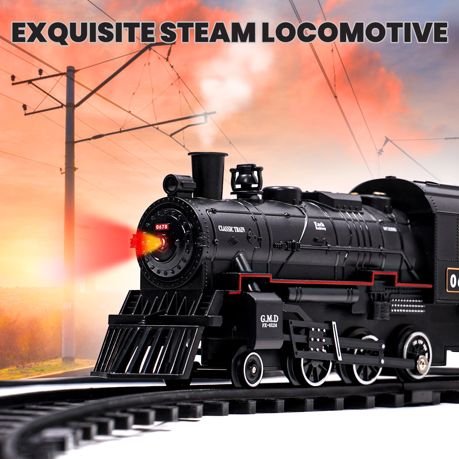 Train Set with Remote Control, AUOSHI Electric Train Track W/Cargo Vehicle, Light & Sounds, Plastic Steam Locomotive Engine Train Toy Educational Gift for 5 6 7 8+ Years Old Boys Girls