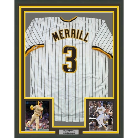 Framed Autographed/Signed Jackson Merrill 35x39 San Diego Pinstripe Baseball Jersey Beckett BAS COA