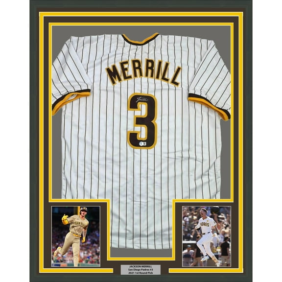 Framed Autographed/Signed Jackson Merrill 35x39 San Diego Pinstripe Baseball Jersey Beckett BAS COA