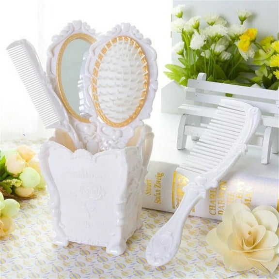 LEHOZIHEQ 5 pcs Vanity Mirror Comb Set, Hair Brush Dressing Comb Kits for Girls, Hair Care Round Brush for Blow Drying, Antique Vanity Mirror Detangling Plastic To Rotate Cosmetic Air Bag White