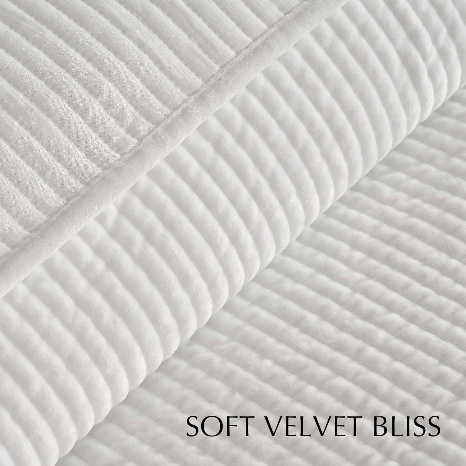 EVERGRACE Velvet Quilt Set Queen Size, Luxurious Soft Quilted Bedding Sets, Lightweight Velvet Comforter for All Season, Striped Channel Bedspread Coverlet with 2 Shams, Bright White
