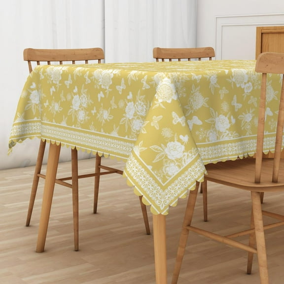 Nanqianyi Yellow Floral and Butterfly Tablecloth 60" x 84" Waterproof White Flowers Table Cover For Kitchen Decor