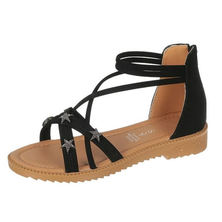 

Summer Womens Stars Saquared Heel Cross Strap Zip Up Sandals Shoes