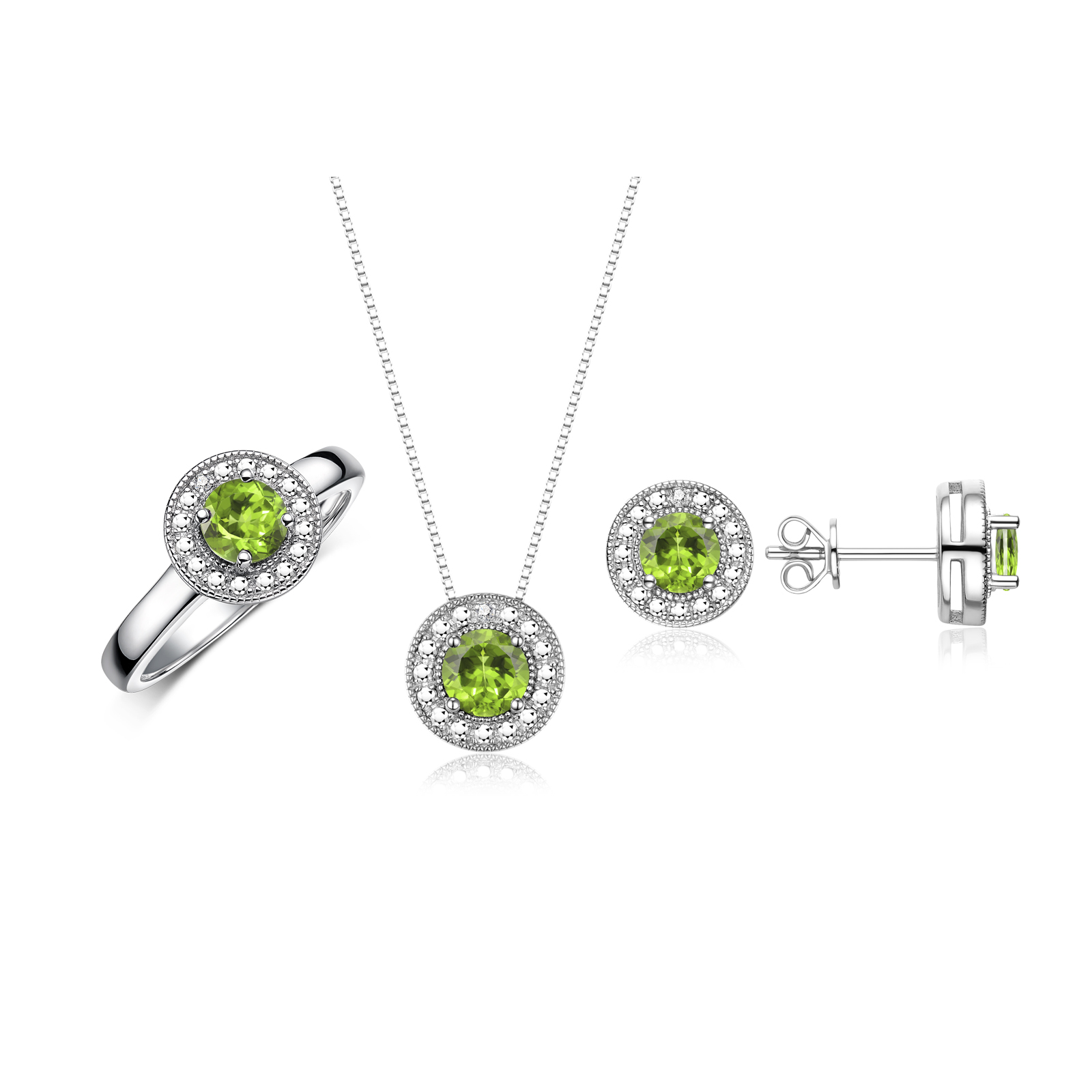 RYLOS Halo Designer Matching Set Sterling Silver: Ring, Earring & Pendant Necklace. Gemstone & Diamonds, 4MM Peridot August Birthstone; Size 8