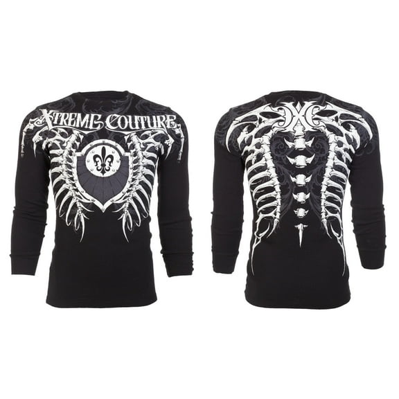 XTREME COUTURE Mens Long Sleeve VERTEBRAE Crewneck THERMAL T-Shirt (Black)