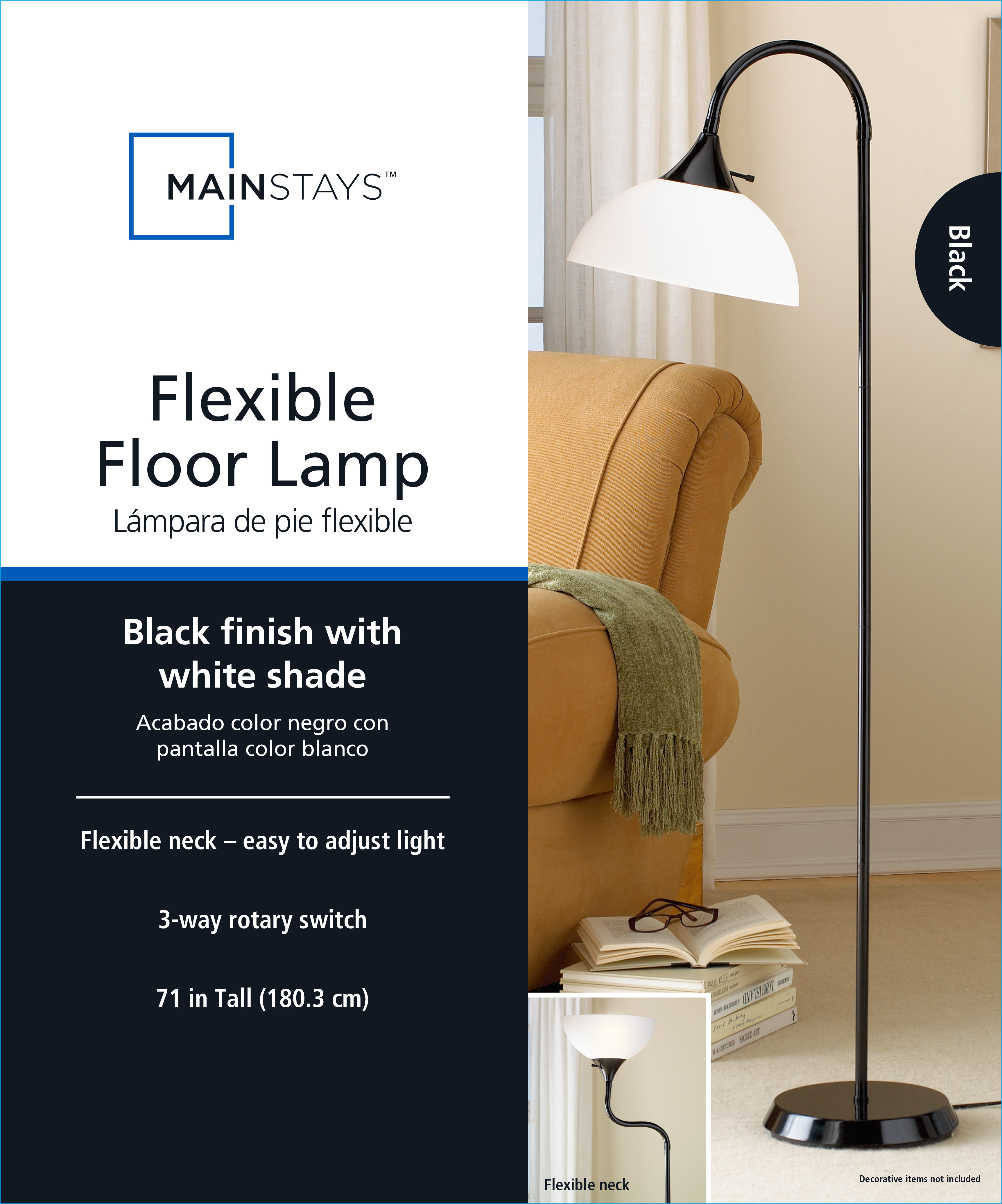 MAINSTAYS 71” MODERN JELLY GOOSENECK FLOOR LAMP, BLACK, ADULT