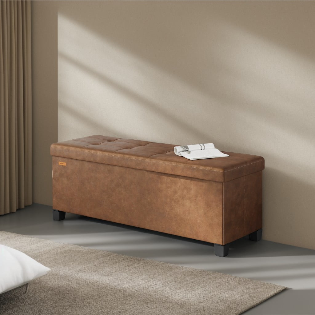 LEDREM 43-Inch Storage Ottoman Bench, 660 lb Capacity Foldable Footrest with 30 Gallon Storage, Synthetic Leather, Coffee Brown