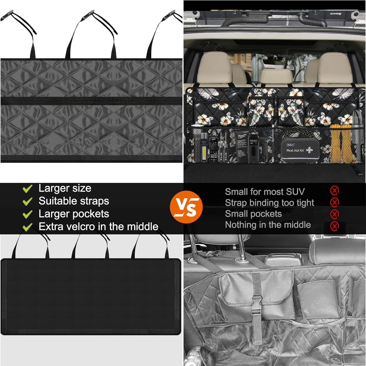 Car Trunk Organizer, Large Capacity Backseat Trunk Organizer (42"*18"), Collapsible Car Storage Bag with 8 Pockets - Hibiscus