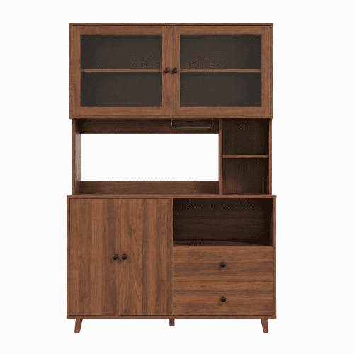 Modern Kitchen Buffet Hutch Cabinet with Glass Doors, Large Pantry Storage Cupboard with Microwave Stand and Drawers, Sideboard for Dining Room, Walnut