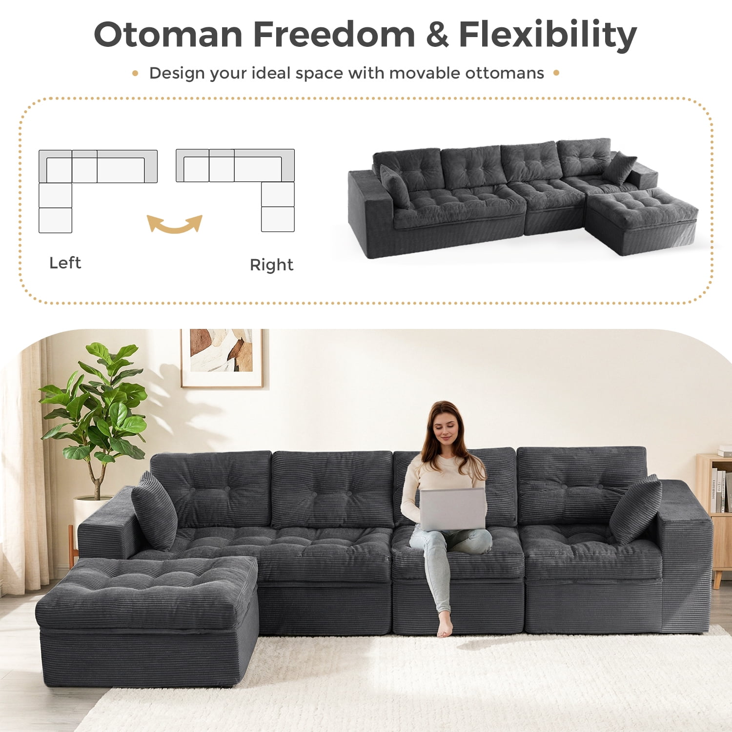 BYBYME 130"Oversized L-Shaped Sectional Sofa Cloud Boneless Modular Couch,Upholstered Sofa with Convertible Left/Right Ottoman for Living Room Bedroom,No Assembly,DGrey