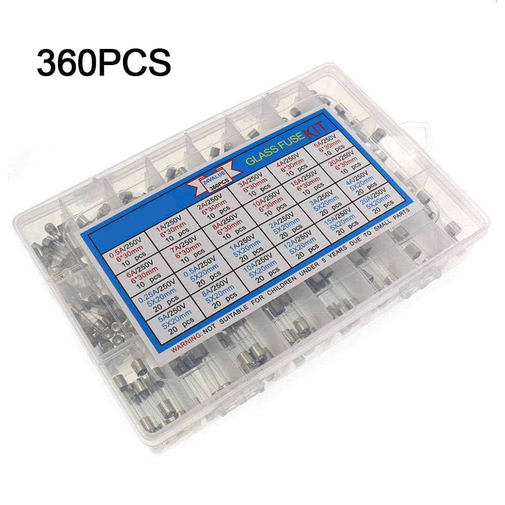 360pcs Fast Blow Glass Fuse Assortment Kit 24 Values Fuses Kit Tube Fuses Sets
