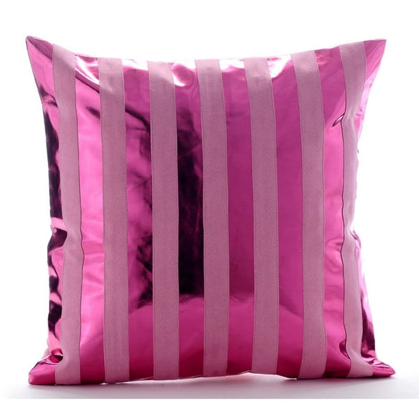 Fundas de almohada, funda de almohada rosa fuerte de 45 x 45 cm (18 x 18 pulgadas), funda de almohada decorativa rosa fuerte, funda de almohada con rayas metálicas y purpurina brillante, temática de