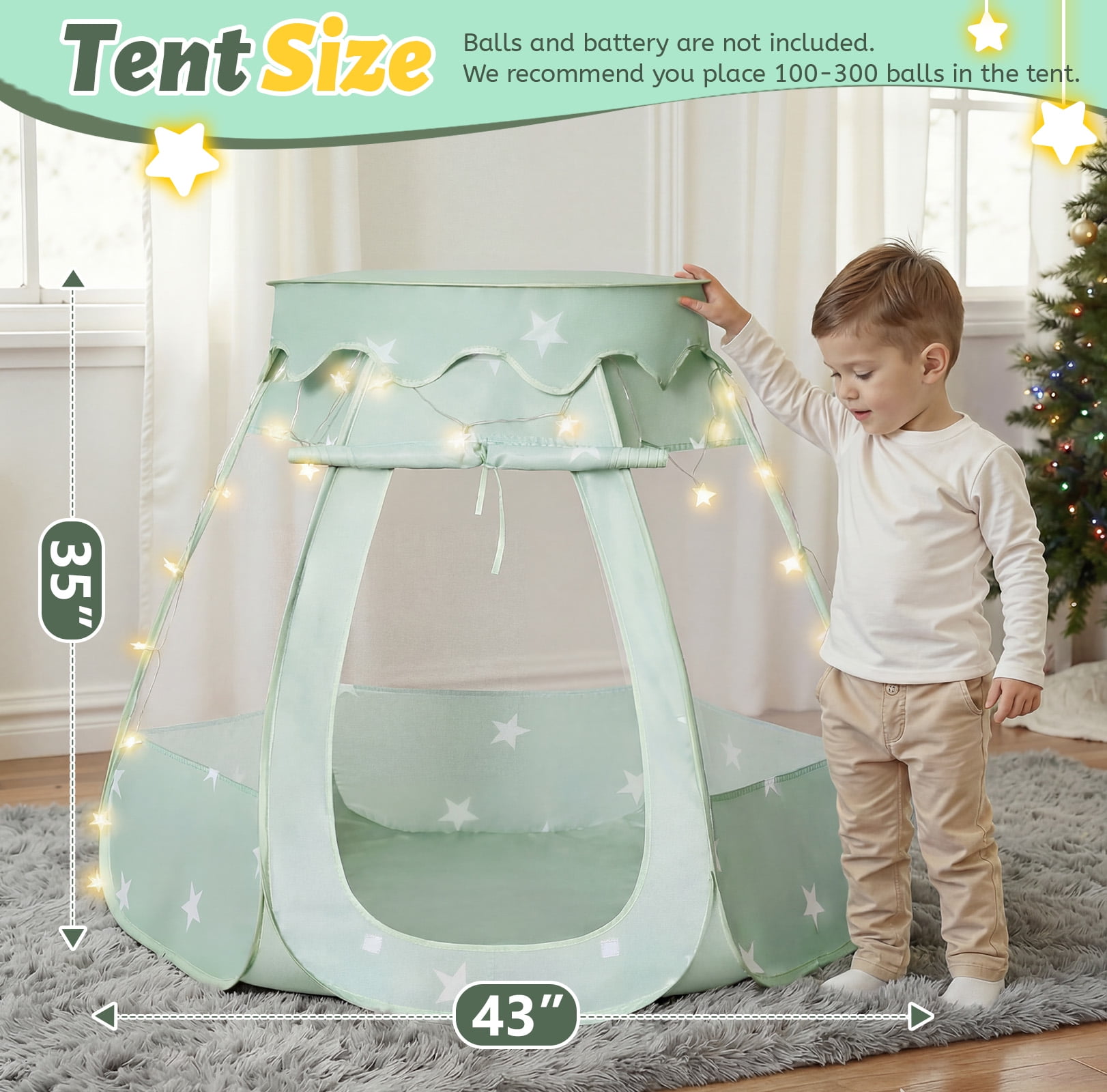 PigPigPen Pop up Princess Ball Pit Tent with Star Lights, Indoor/Outdoor Tent for Toddlers and Kids, Grayish Green, No Balls Included