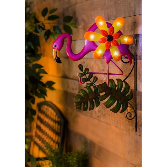 18.7"H Wall Mounted Solar Wind Spinner, Flamingo