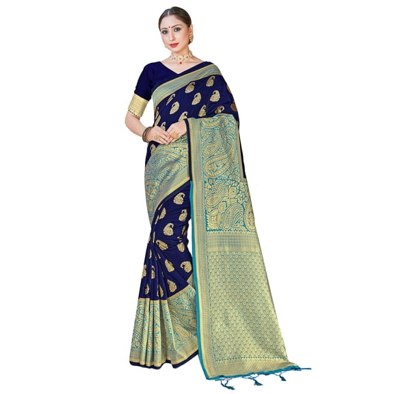 Sarees for Women Banarasi Art Silk Woven Sari - Indian Diwali Gift Rakhi Festival Saree & Unstitched Blouse Navy Blue