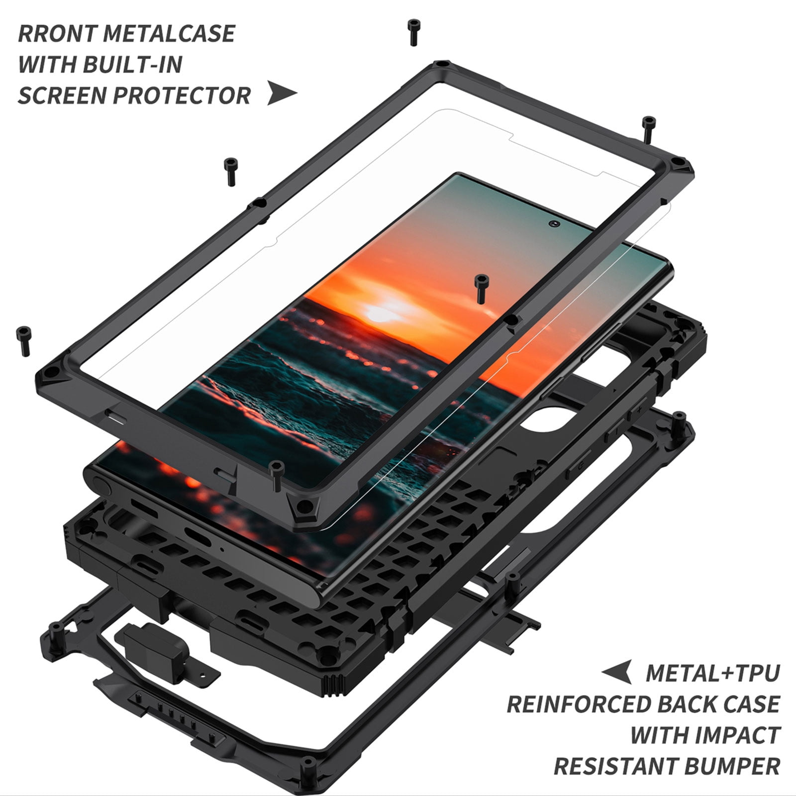 Samsung S22 Ultra Rugged Full-Body Case, Metal Bumper Built-in Screen Protector&Kickstand,Dustproof Drop-Proof,Full Body Protection Heavy Duty Military Cover For Samsung Galaxy S22 Ultra, Black
