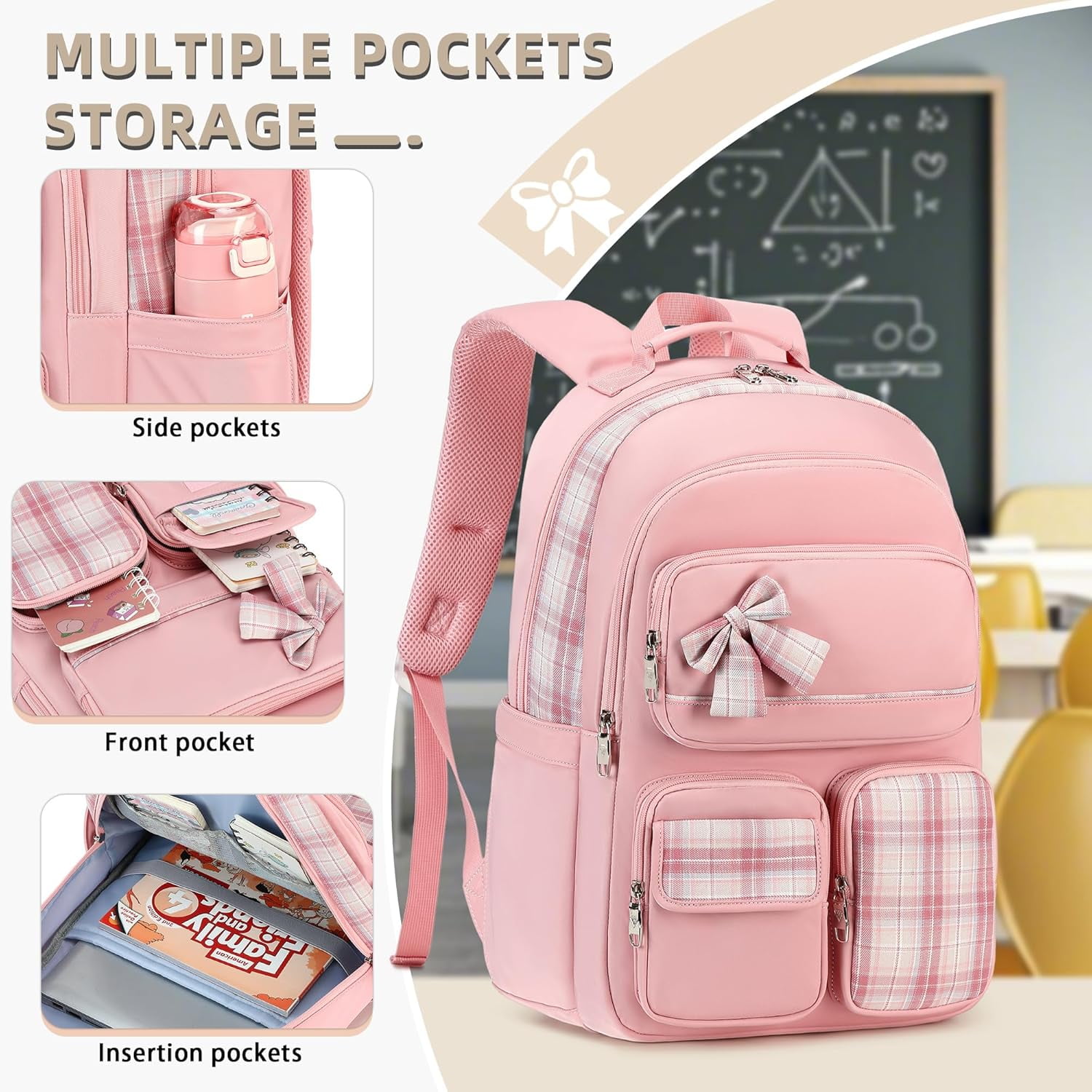 AO ALI VICTORY Backpack for Girls,School Backpacks for Teen,Cute College Bags for Women Students Large Bookbag 15.6 Inch Laptop Bag Back Pack Kids Kindergarten Elementary Casual Travel（PINK)